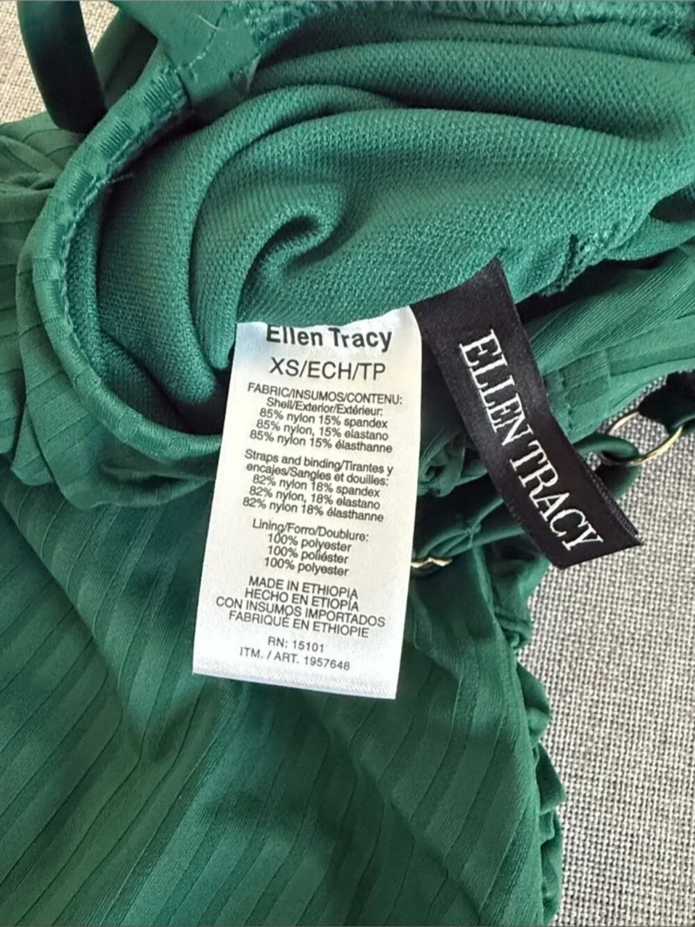 Ellen Tracy Emerald Green Ribbed One Piece Swimsuit Ruched Size XS
